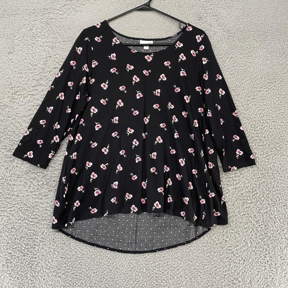 J Jill Floral Top Womens Small Black High Low Polka Dot Floral Office 3/4 Sleeve
